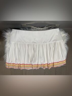 Lucky in Love White Pleated Mini Skirt with Pink, Yellow & Orange Trim